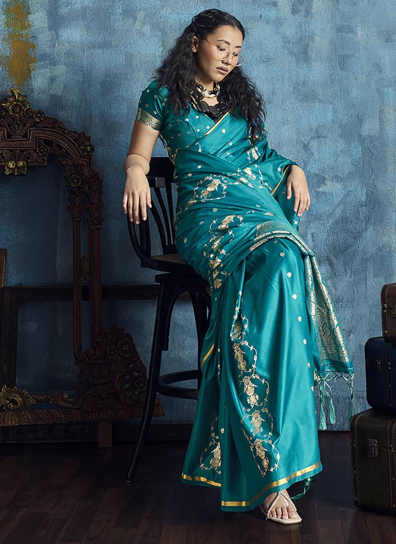 Teal green satin weaving handloom silk blend saree
