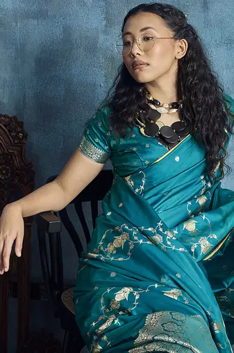 Teal green satin weaving handloom silk blend saree