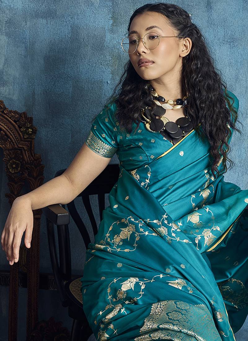 Teal green satin weaving handloom silk blend saree
