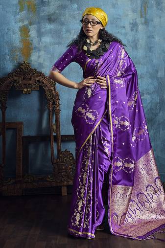 Purple satin weaving handloom silk blend saree