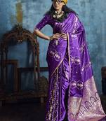 Purple satin weaving handloom silk blend saree