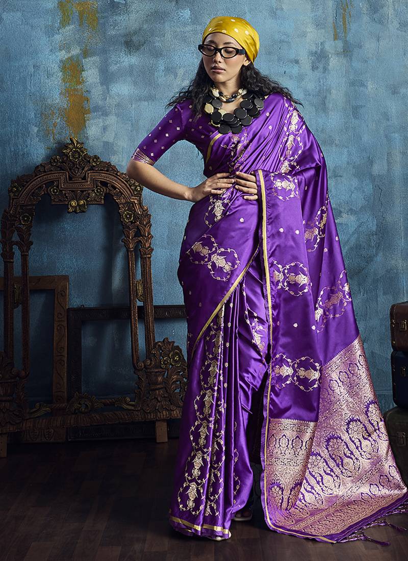 Purple satin weaving handloom silk blend saree