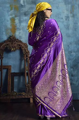 Purple satin weaving handloom silk blend saree