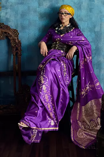 Purple satin weaving handloom silk blend saree