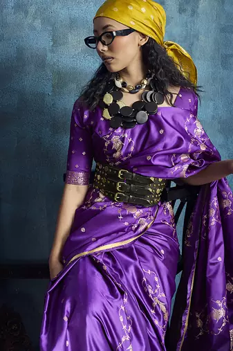 Purple satin weaving handloom silk blend saree