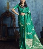 Green satin weaving handloom silk blend saree