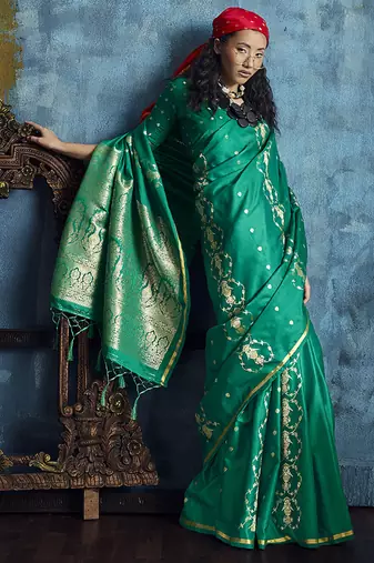 Green satin weaving handloom silk blend saree