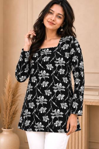 Black floral printed cotton straight fit women top