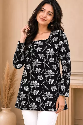 Black floral printed cotton straight fit women top