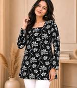 Black floral printed cotton straight fit women top