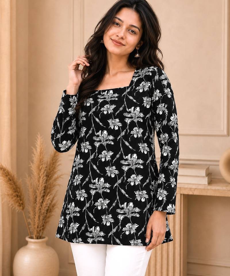 Black floral printed cotton straight fit women top