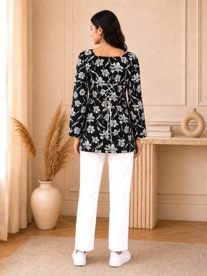 Black floral printed cotton straight fit women top 2