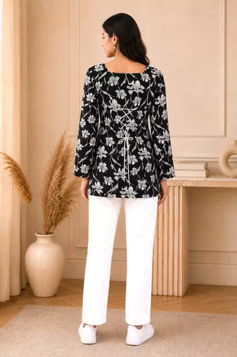 Black floral printed cotton straight fit women top