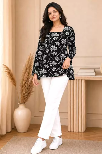 Black floral printed cotton straight fit women top