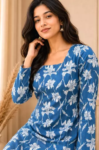 Navy blue floral printed cotton straight fit women top