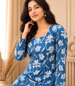 Navy blue floral printed cotton straight fit women top
