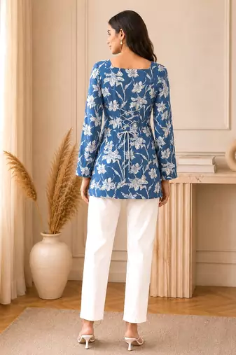 Navy blue floral printed cotton straight fit women top