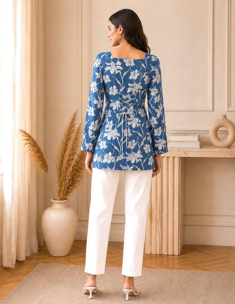 Navy blue floral printed cotton straight fit women top