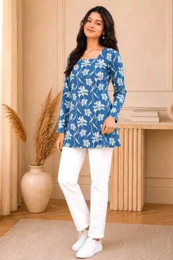 Navy blue floral printed cotton straight fit women top