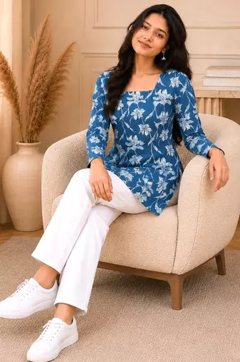 Navy blue floral printed cotton straight fit women top