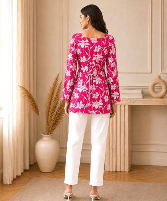 Pink floral printed cotton straight fit women top 2