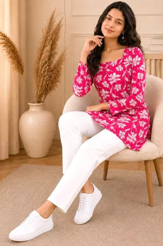 Pink floral printed cotton straight fit women top