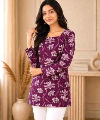 Purple floral printed cotton straight fit women top 1