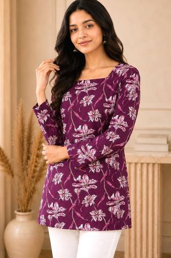 Purple floral printed cotton straight fit women top