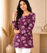 Purple floral printed cotton straight fit women top