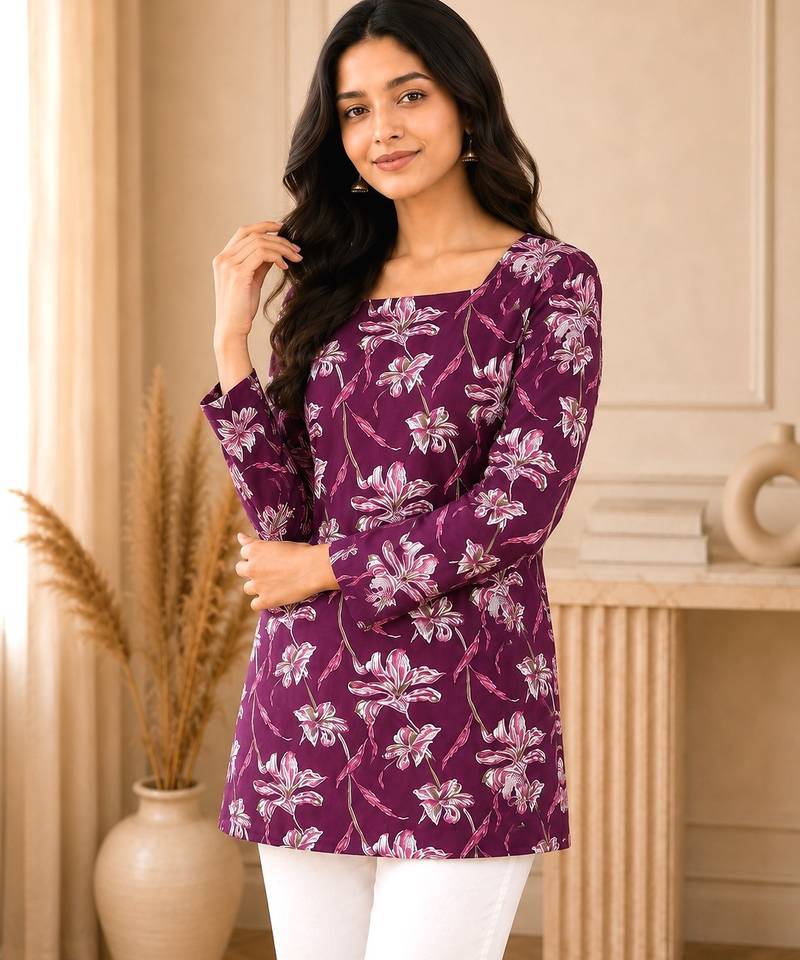 Purple floral printed cotton straight fit women top