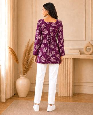 Purple floral printed cotton straight fit women top 2