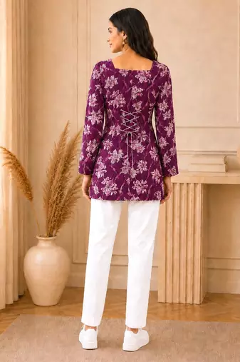 Purple floral printed cotton straight fit women top