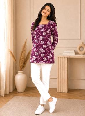 Purple floral printed cotton straight fit women top 3