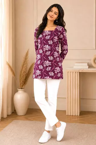 Purple floral printed cotton straight fit women top