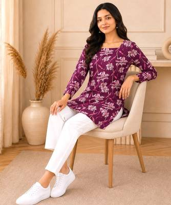 Purple floral printed cotton straight fit women top 4