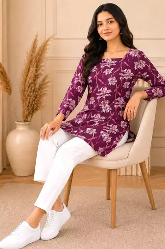 Purple floral printed cotton straight fit women top