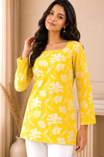 Yellow floral printed cotton straight fit women top