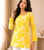 Yellow floral printed cotton straight fit women top