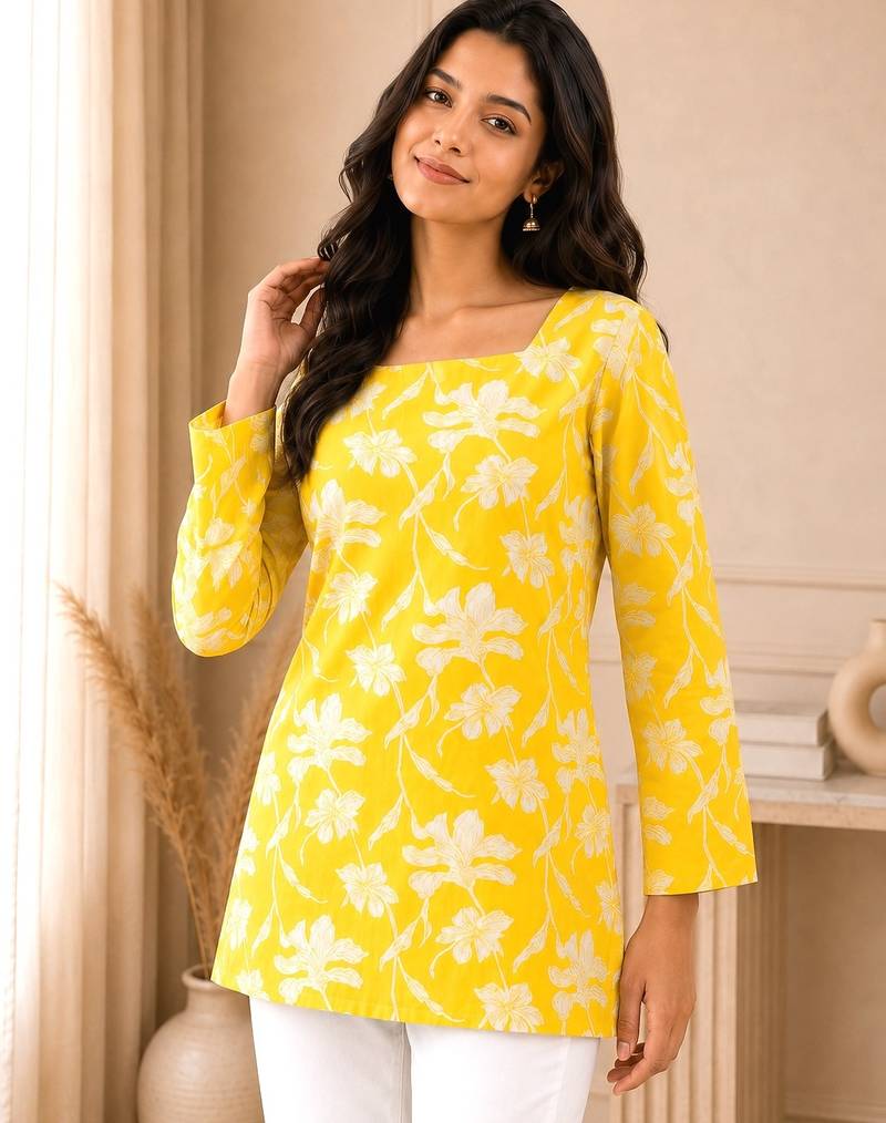 Yellow floral printed cotton straight fit women top