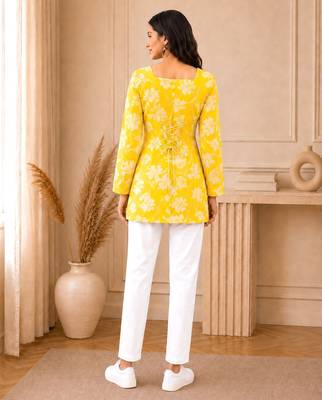 Yellow floral printed cotton straight fit women top 2