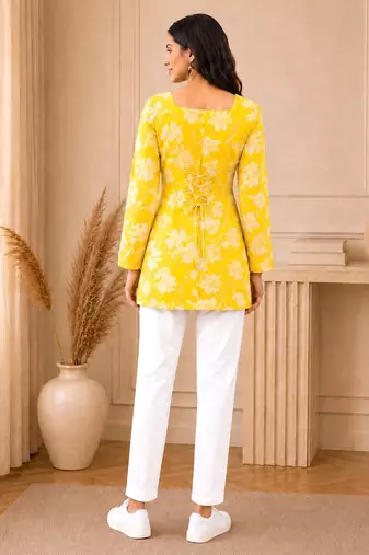 Yellow floral printed cotton straight fit women top