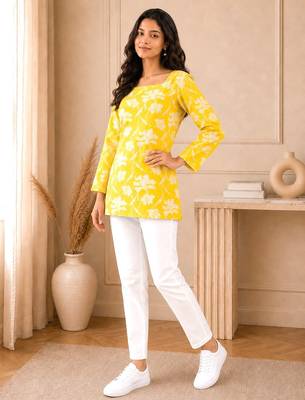 Yellow floral printed cotton straight fit women top 3
