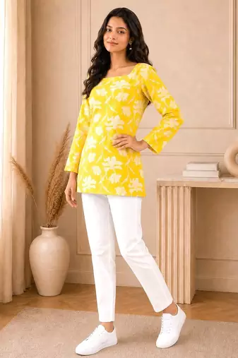 Yellow floral printed cotton straight fit women top