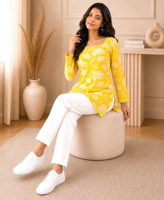 Yellow floral printed cotton straight fit women top 4