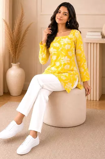 Yellow floral printed cotton straight fit women top