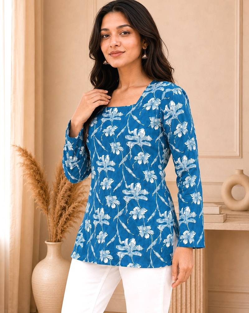Blue floral printed cotton straight fit women top