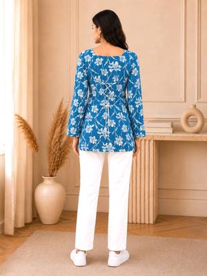 Blue floral printed cotton straight fit women top 2