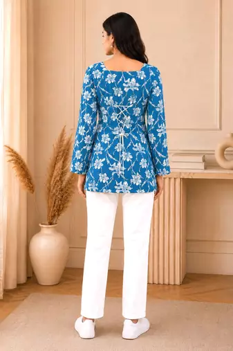 Blue floral printed cotton straight fit women top