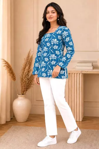 Blue floral printed cotton straight fit women top