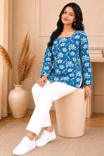 Blue floral printed cotton straight fit women top